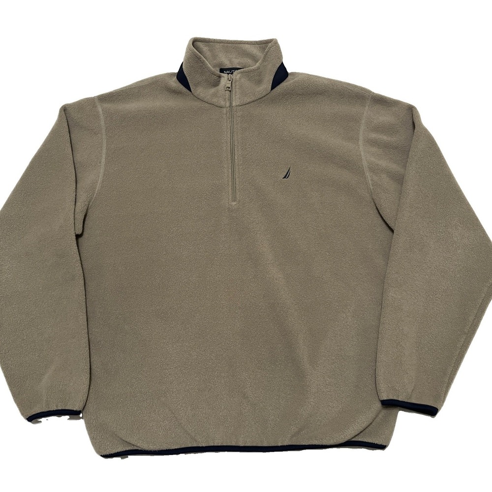 Nautica Sweater Mens L Green 1/4 Zip Mock Neck Fleece Knit Pullover Logo